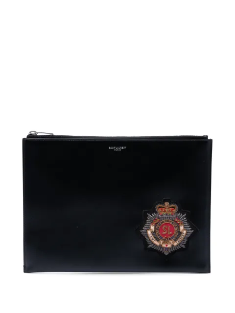 Saint Laurent Pre-Owned 2018 Embroidered Crest Calfskin Zippered clutch bag