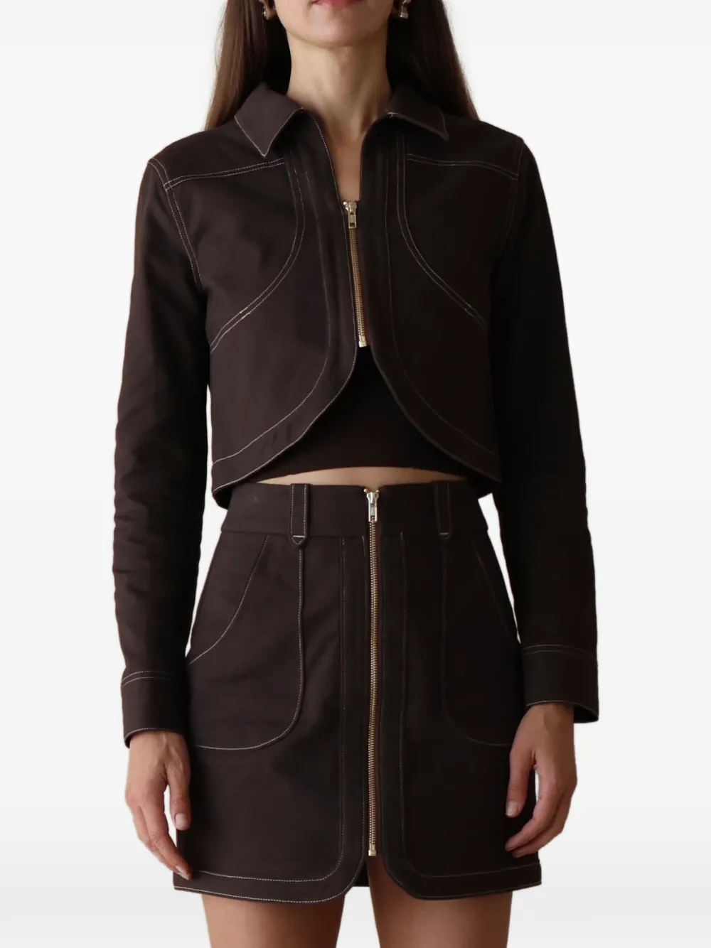 HEVRON Lucia contrast-stitch cropped jacket - Marrone