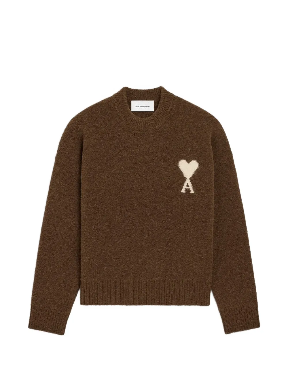 AMI Paris brown crewneck alpaca sweater with Ami de Coeur - Marrone