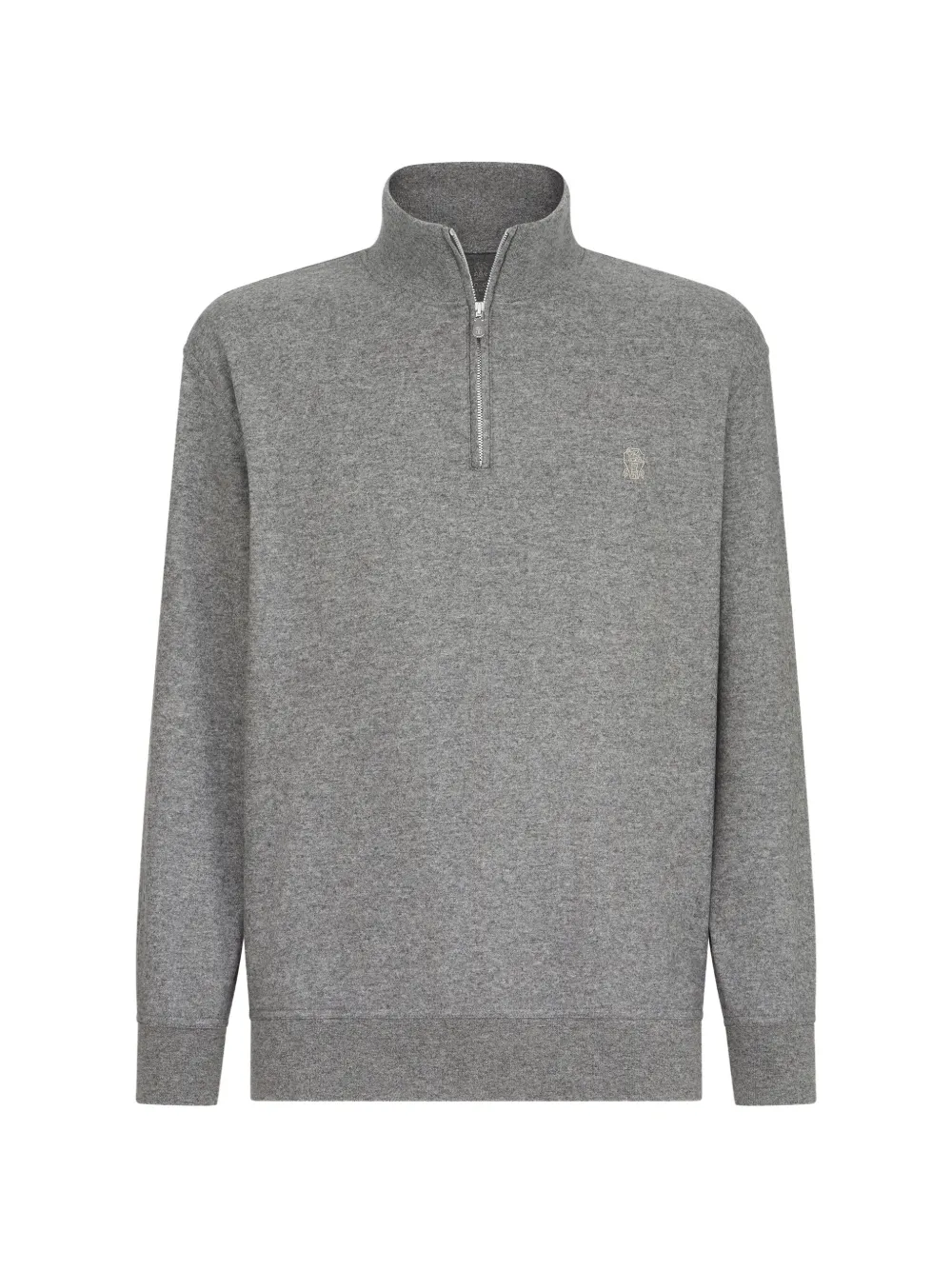 Brunello Cucinelli Kasjmier jersey trui met halve rits en geborduurd logo Grijs