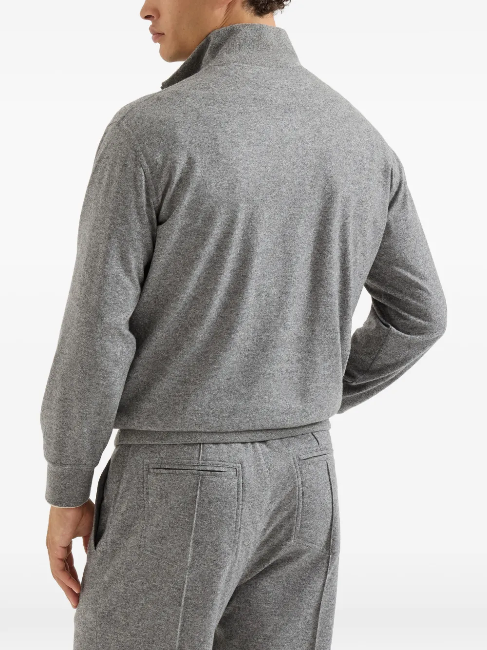 Brunello Cucinelli Kasjmier jersey trui met halve rits en geborduurd logo Grijs