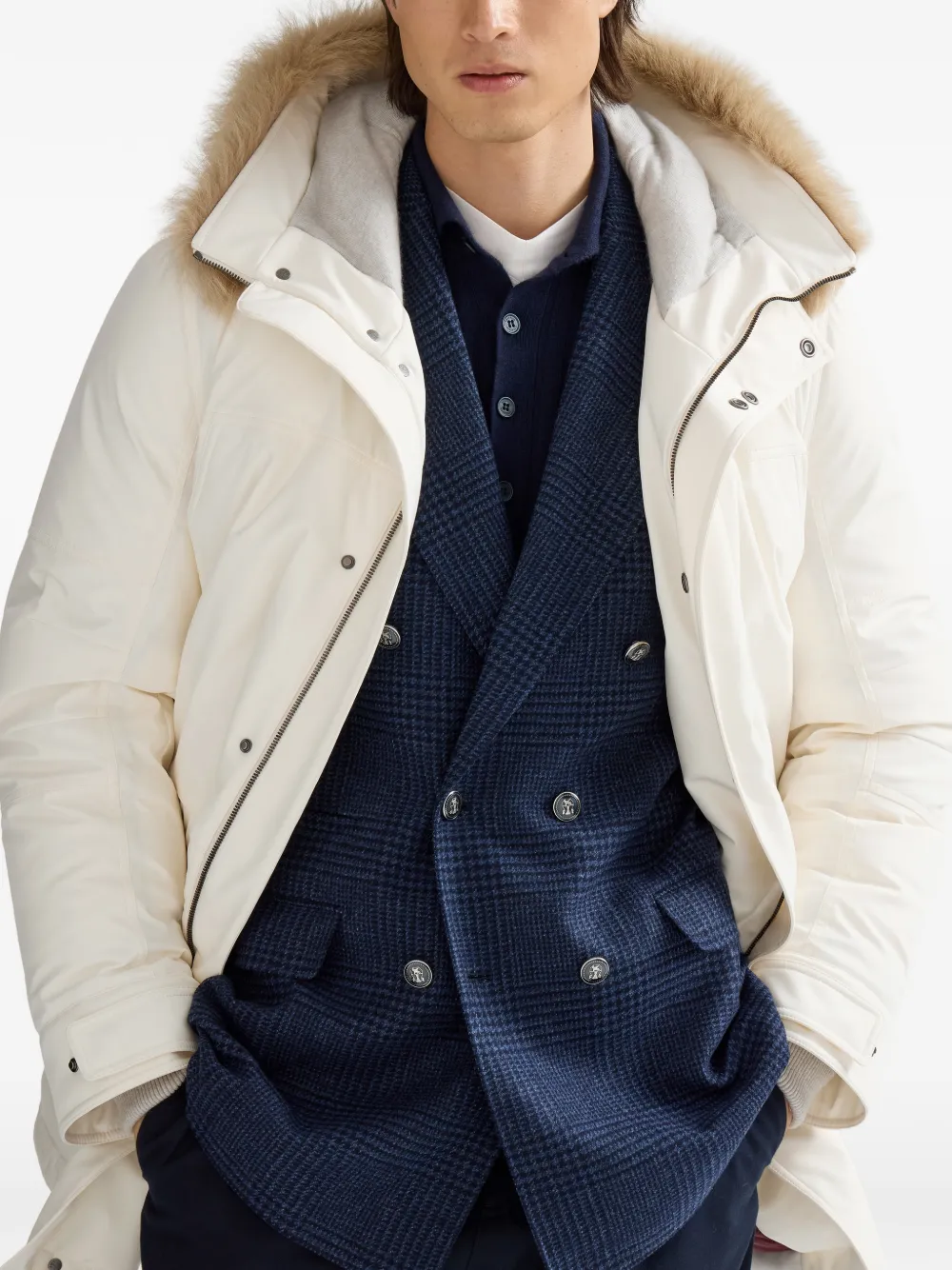 Brunello Cucinelli Parka van verlijmd stretch-nylon met Thermore -vulling en lammy inzetstuk Beige