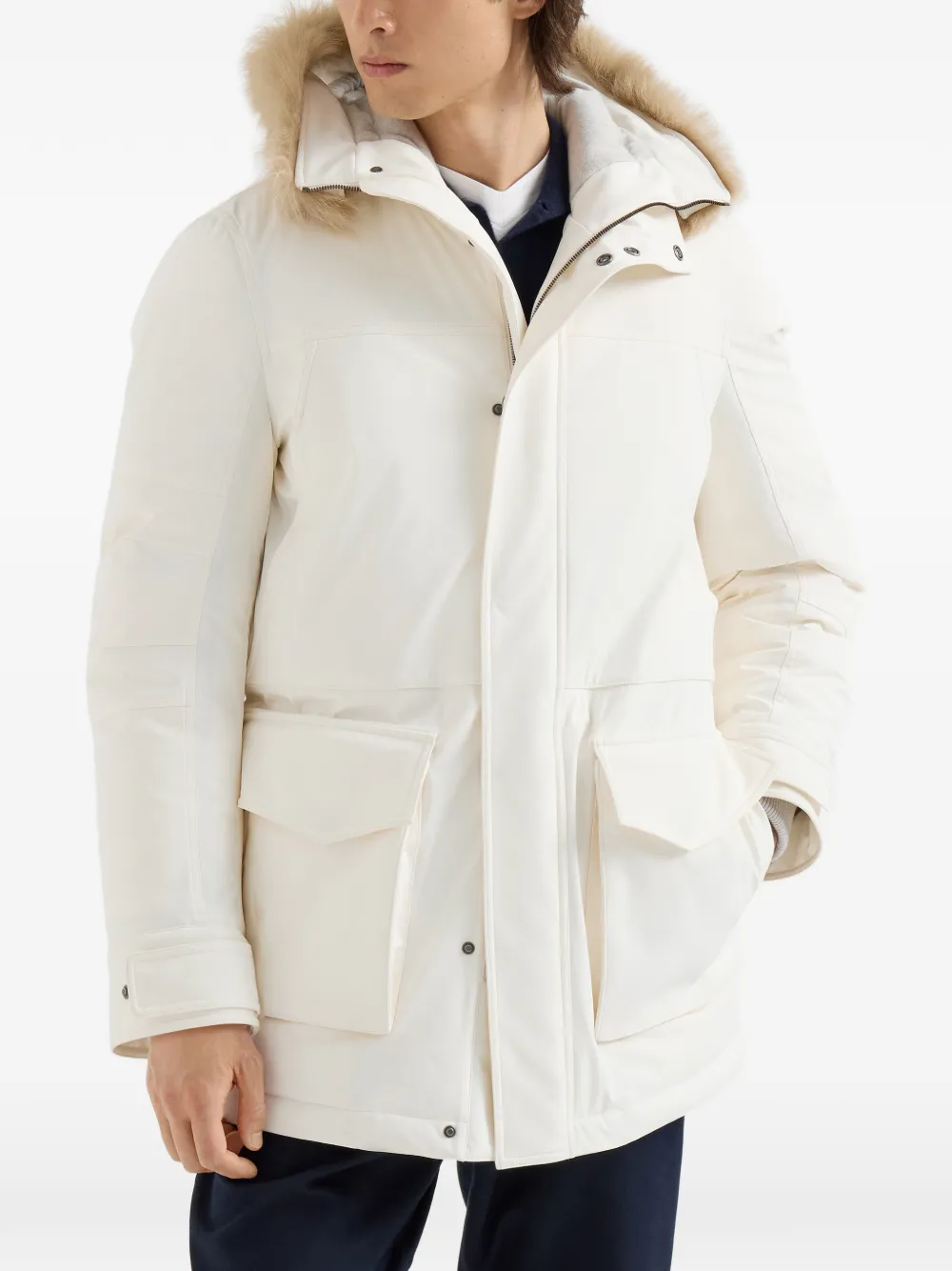 Brunello Cucinelli Parka van verlijmd stretch-nylon met Thermore -vulling en lammy inzetstuk Beige