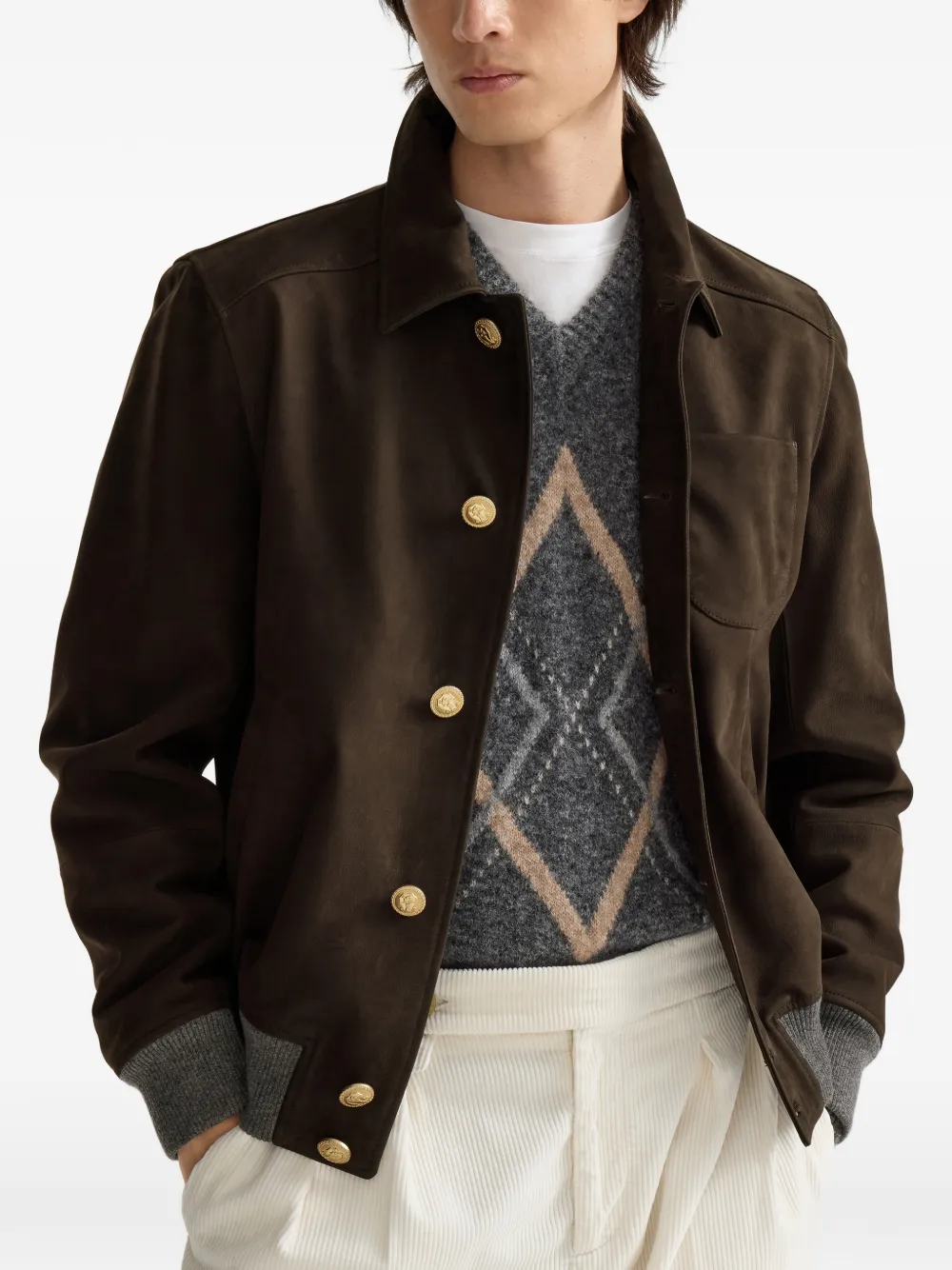 Brunello Cucinelli Nubuck bomberjack in shirtstijl met kasjmier inzetstukken en metalen knopen Bruin