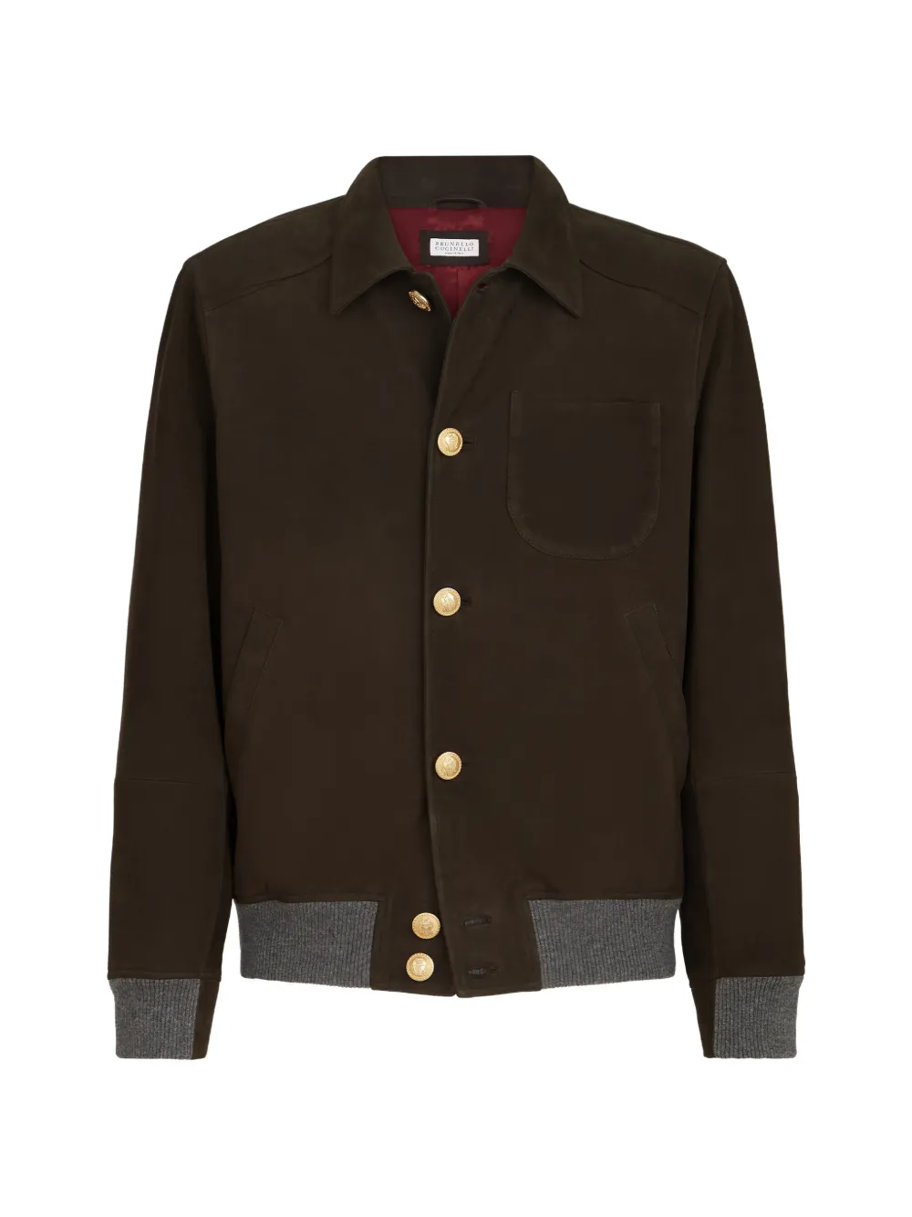 Brunello Cucinelli nubuck shirt-style bomber jacket with cashmere inserts and metal buttons - Brown