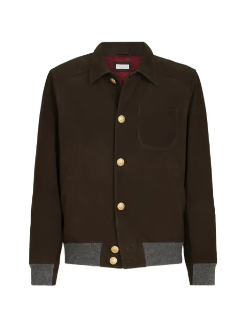 Brunello Cucinelli nubuck shirt-style bomber jacket with cashmere inserts and metal buttons