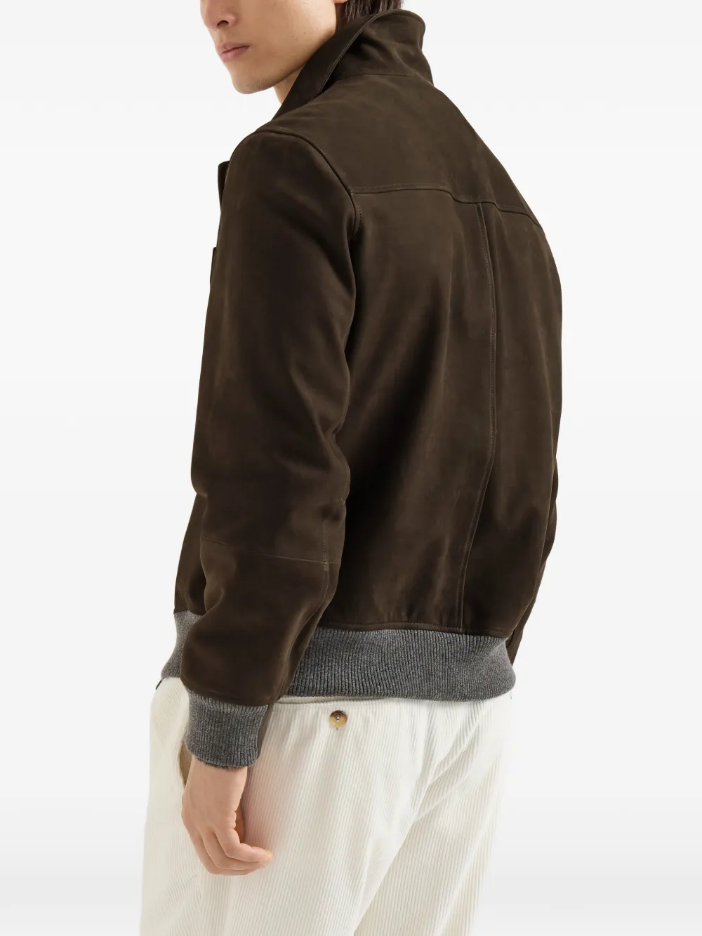Brunello Cucinelli Nubuck bomberjack in shirtstijl met kasjmier inzetstukken en metalen knopen Bruin
