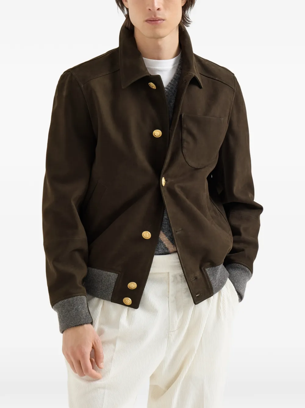 Brunello Cucinelli Nubuck bomberjack in shirtstijl met kasjmier inzetstukken en metalen knopen Bruin