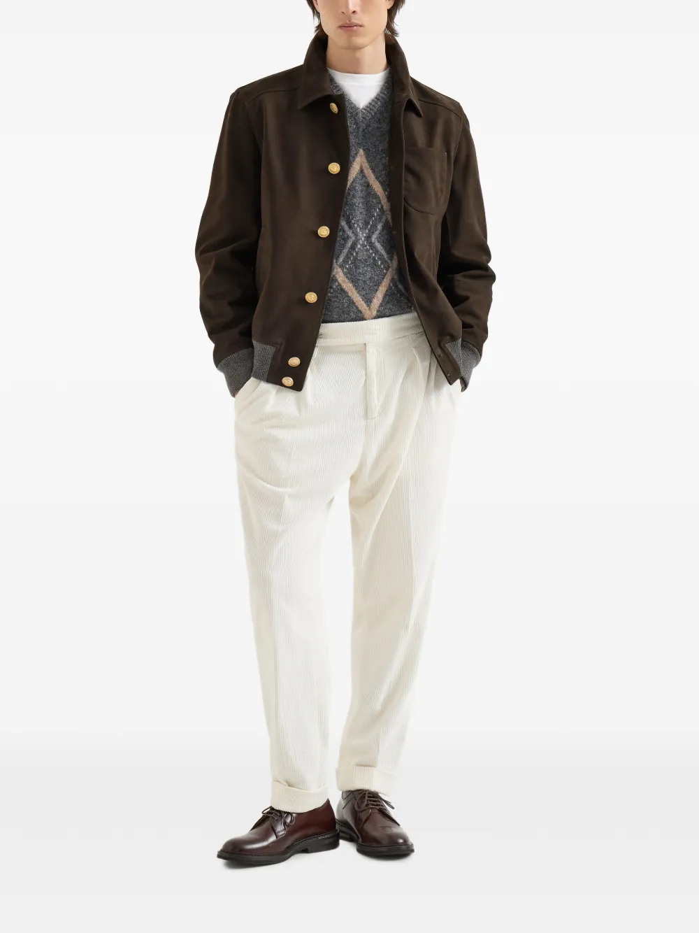 Brunello Cucinelli Nubuck bomberjack in shirtstijl met kasjmier inzetstukken en metalen knopen Bruin