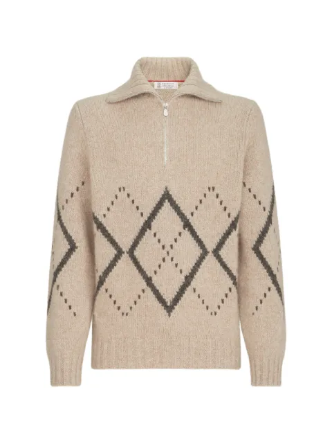 Brunello Cucinelli cashmere sweater with argyle intarsia and half zip