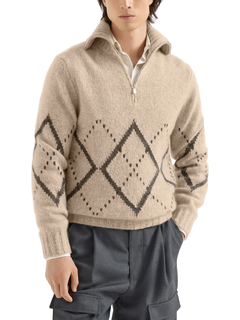 Brunello Cucinelli Kasjmier trui met argyle intarsia en halve rits Beige