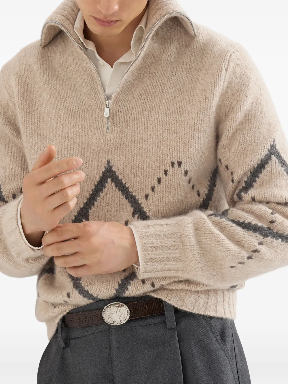 Brunello Cucinelli Kasjmier trui met argyle intarsia en halve rits Beige