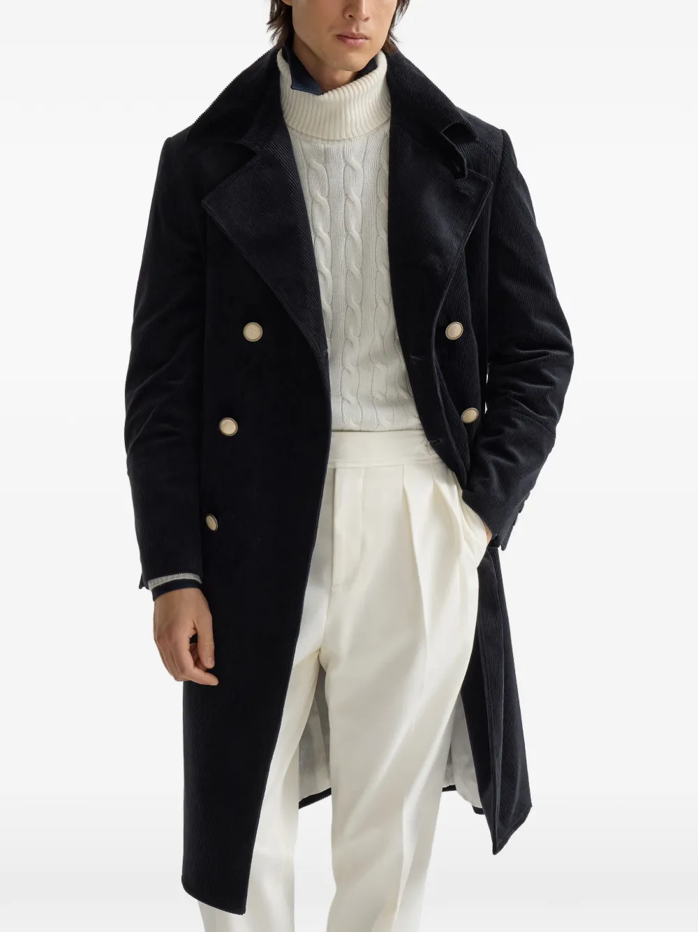 Brunello Cucinelli Comfort katoenen en kasjmier ribfluwelen jas met anderhalve rij knopen Blauw