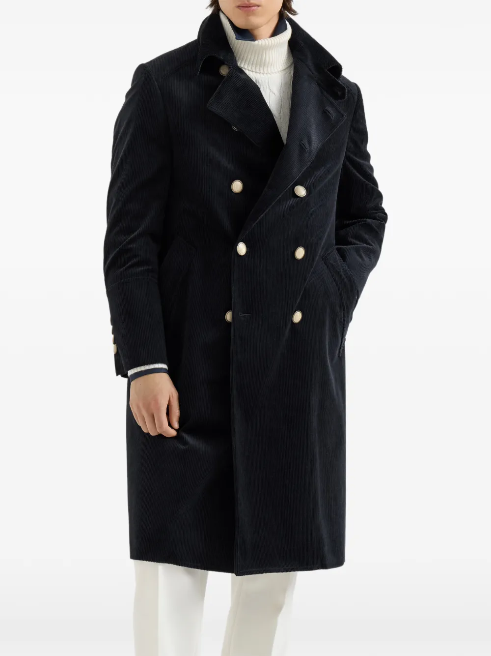 Brunello Cucinelli Comfort katoenen en kasjmier ribfluwelen jas met anderhalve rij knopen Blauw