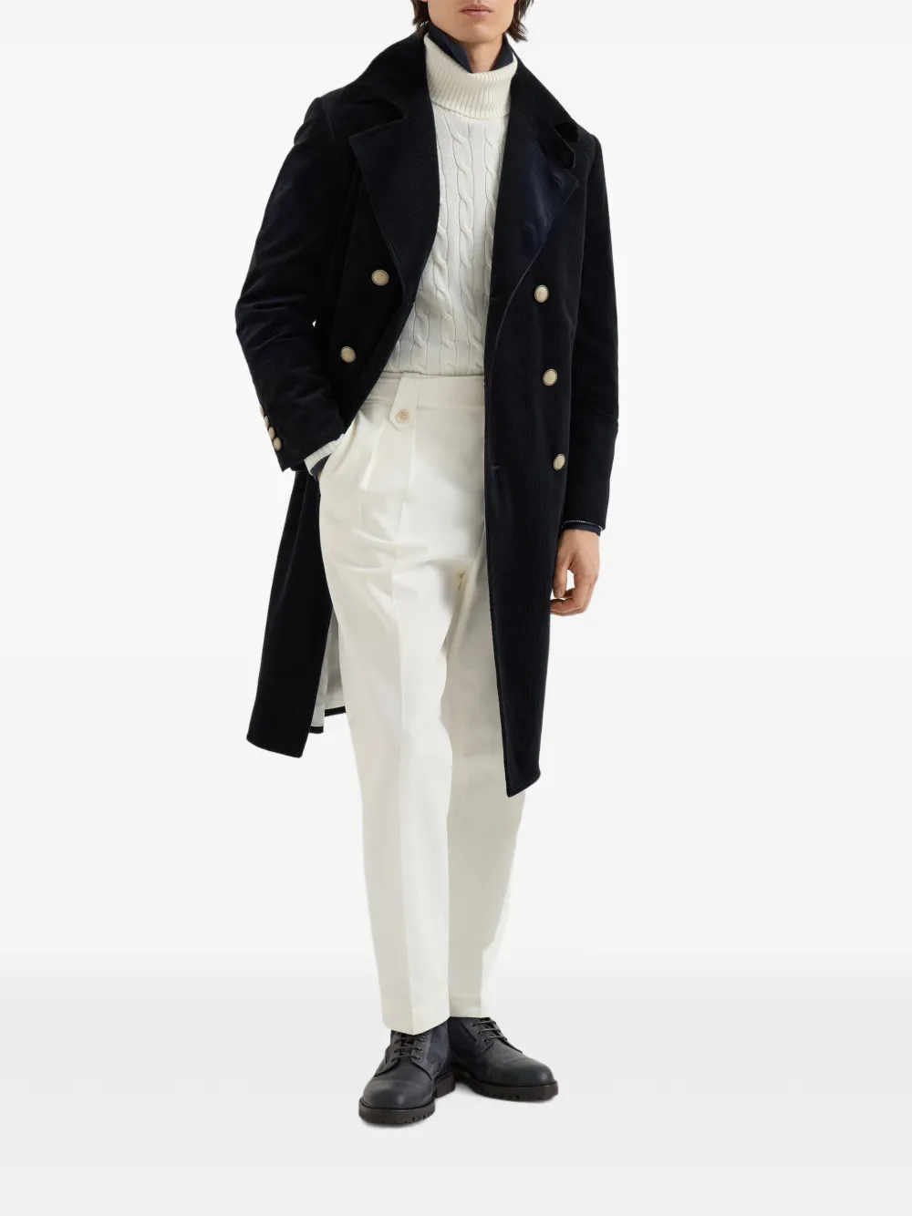 Brunello Cucinelli Comfort katoenen en kasjmier ribfluwelen jas met anderhalve rij knopen Blauw