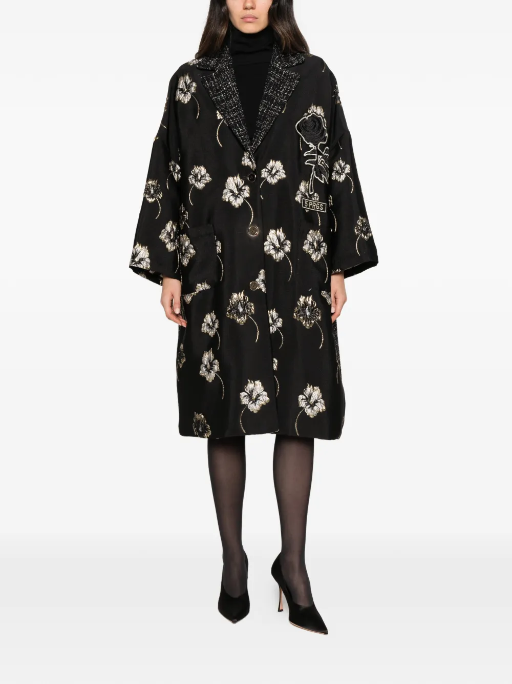 5 Progress floral-jacquard bouclé-panel coat - Black
