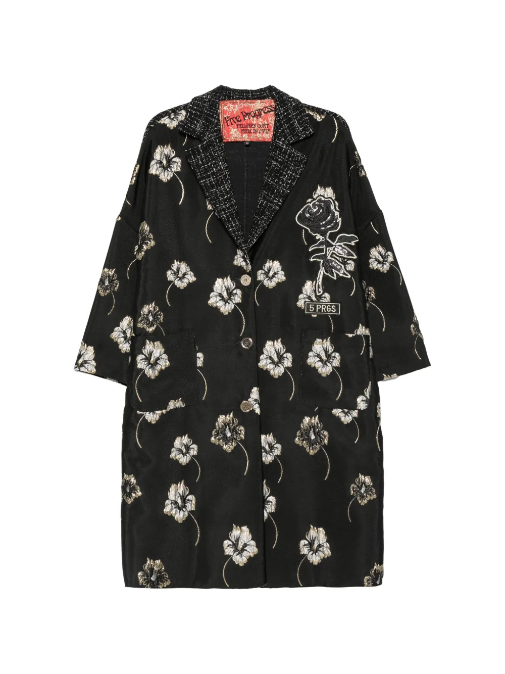 5 Progress floral-jacquard bouclé-panel coat - Schwarz