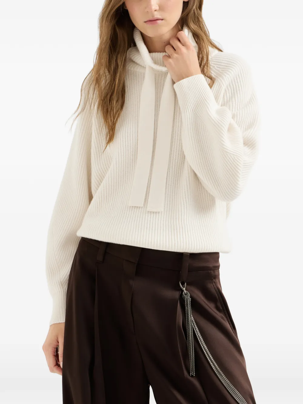 Brunello Cucinelli Kasjmier coltrui met Engelse rib en lint Beige