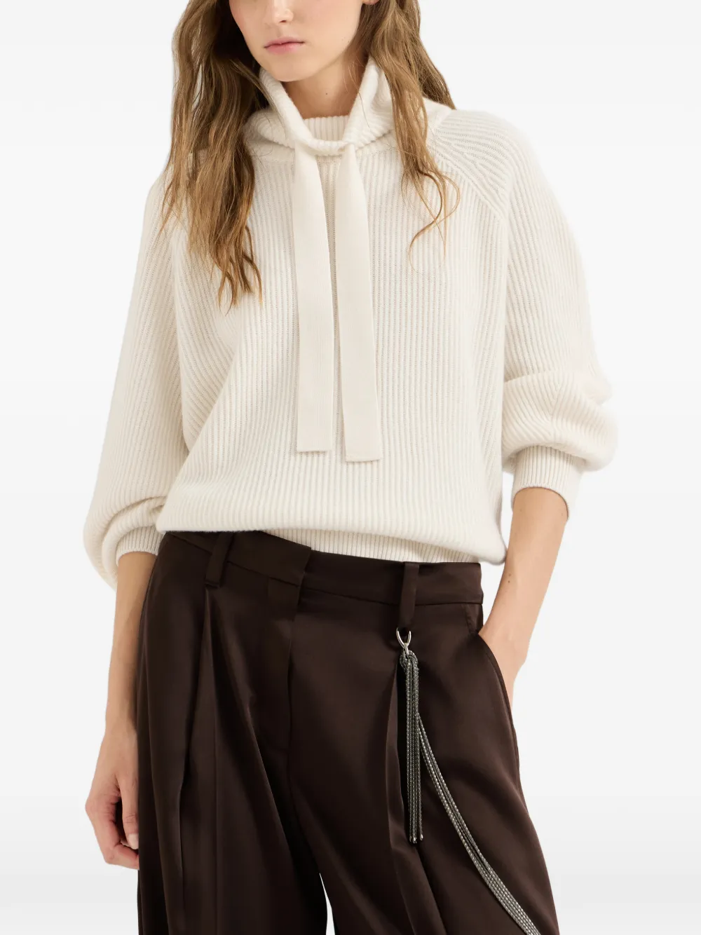 Brunello Cucinelli Kasjmier coltrui met Engelse rib en lint Beige