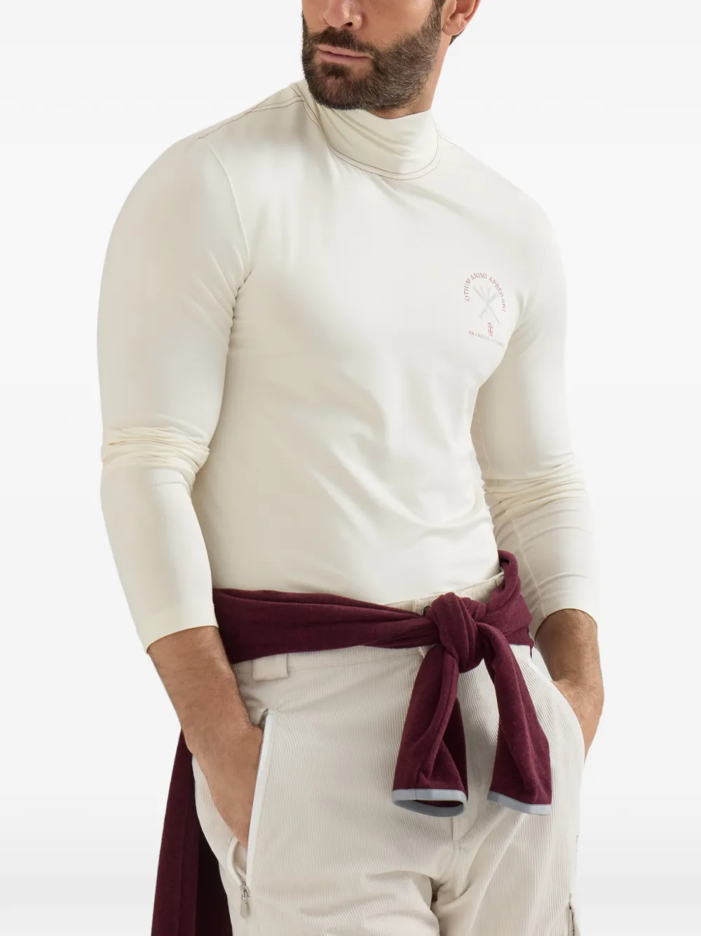 Brunello Cucinelli Comfort zijden jersey T-shirt met lange mouwen en borduurwerk Beige