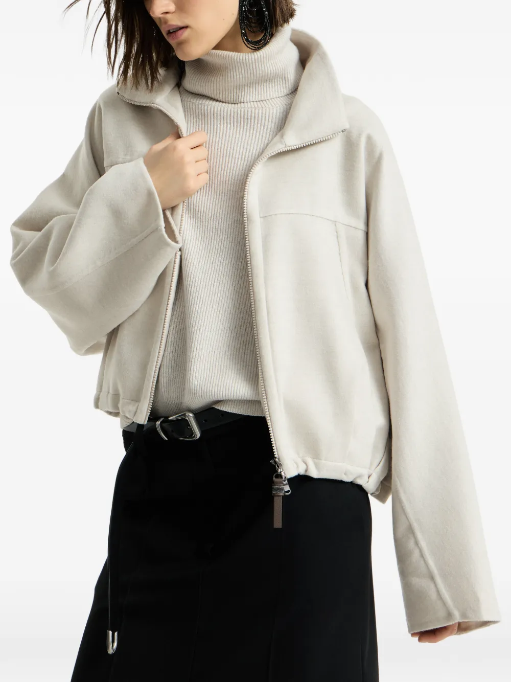 Brunello Cucinelli hand-crafted bomber jacket in virgin-wool double-cloth with monili Beige
