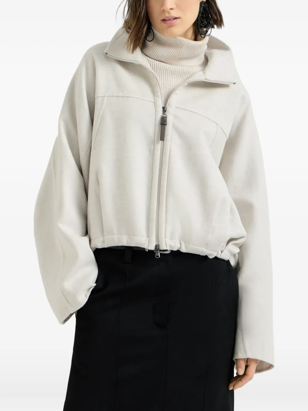 Brunello Cucinelli hand-crafted bomber jacket in virgin-wool double-cloth with monili Beige