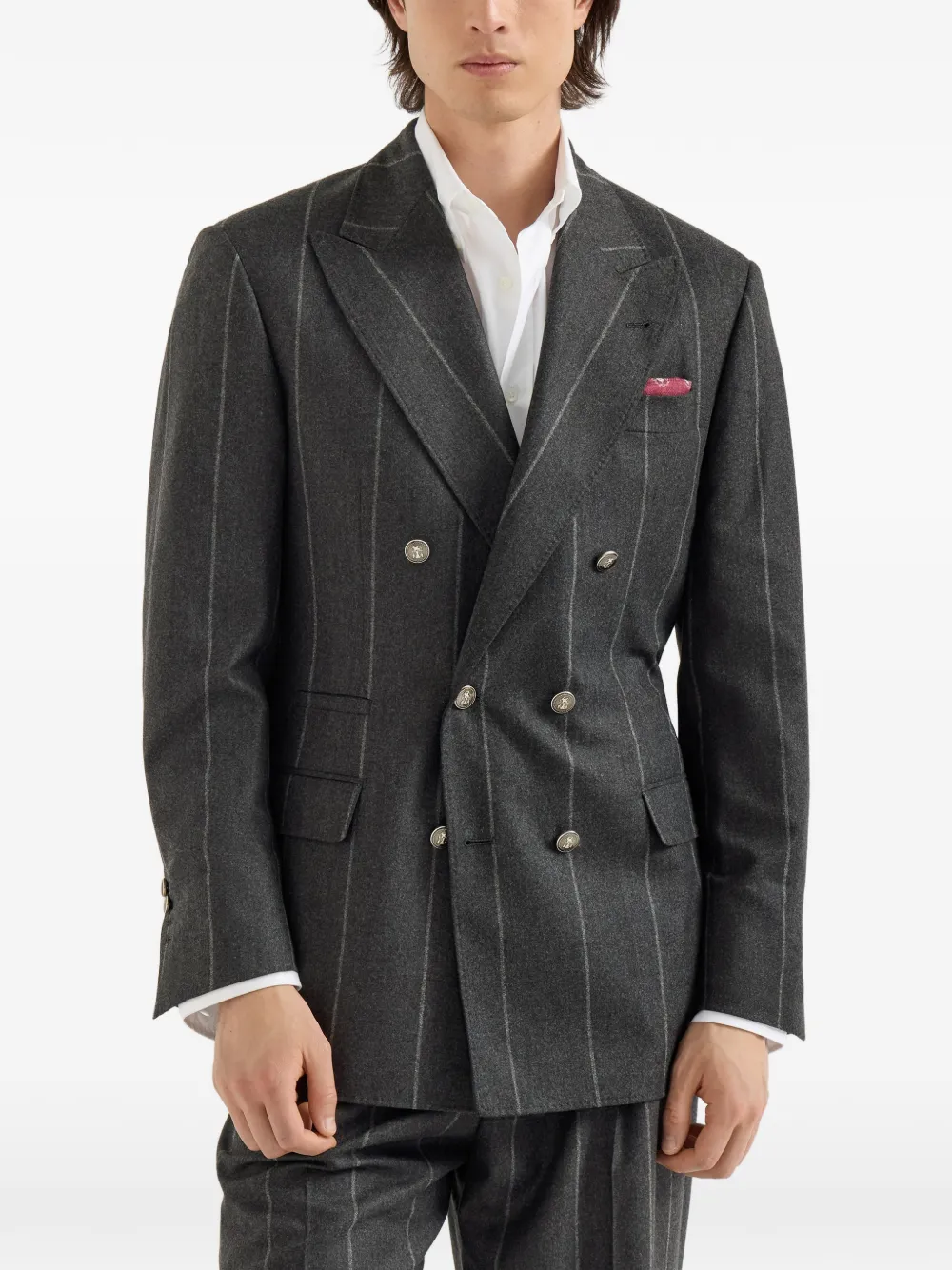 Brunello Cucinelli Flanellen blazer van wol zijde en kasjmier met krijtstreep en anderhalve rij metalen knopen Grijs