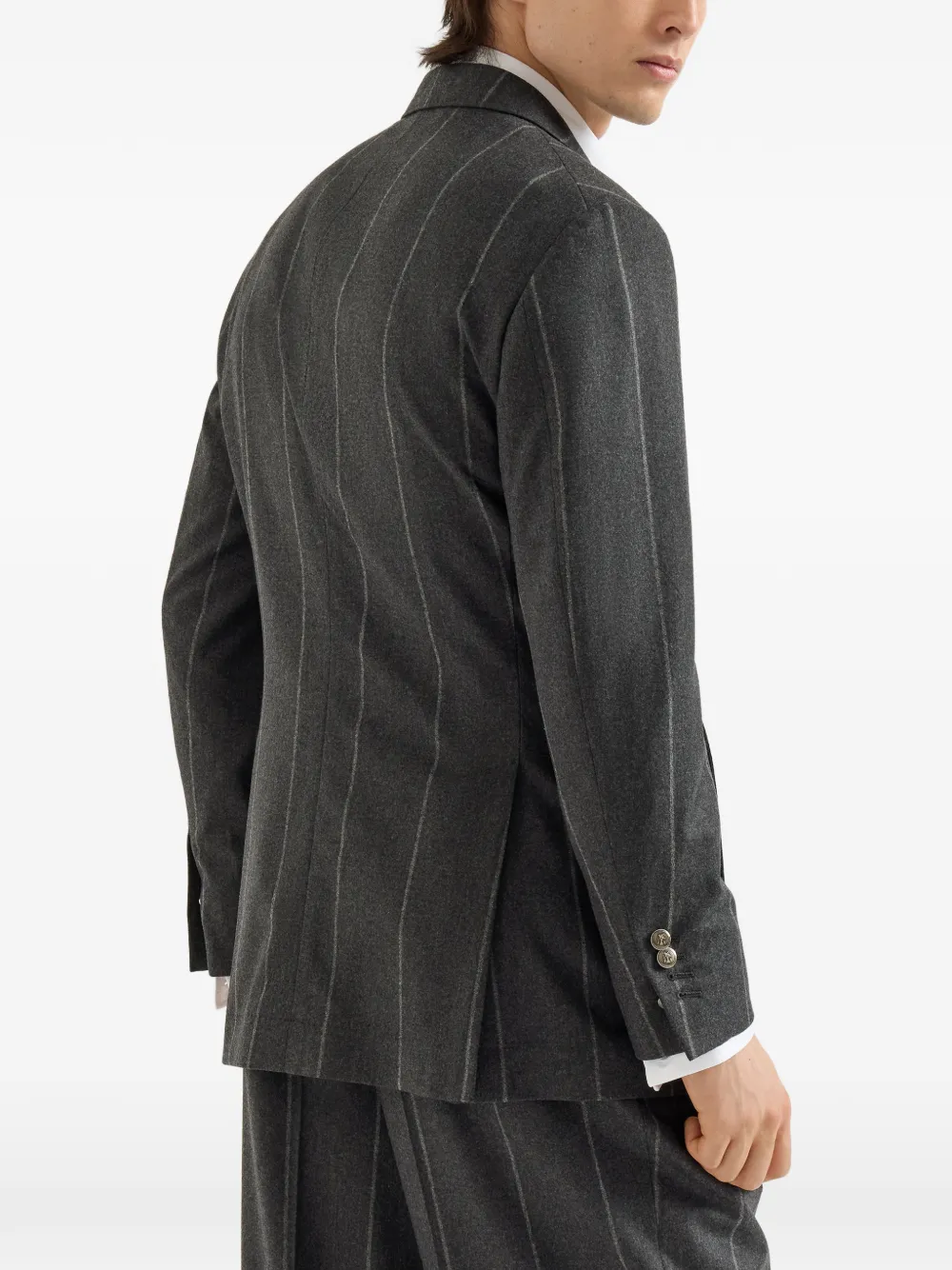 Brunello Cucinelli Flanellen blazer van wol zijde en kasjmier met krijtstreep en anderhalve rij metalen knopen Grijs