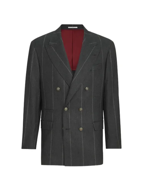 Brunello Cucinelli wool, silk and cashmere chalk stripe flannel one-and-a-half breasted tailor blazer with metal buttons