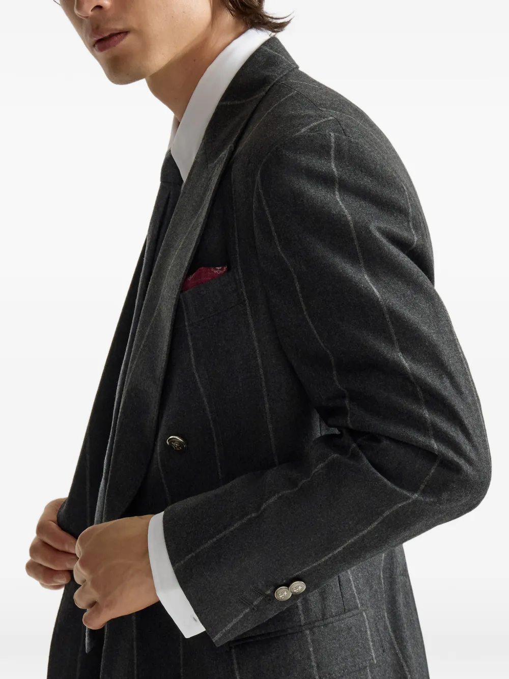 Brunello Cucinelli Flanellen blazer van wol zijde en kasjmier met krijtstreep en anderhalve rij metalen knopen Grijs