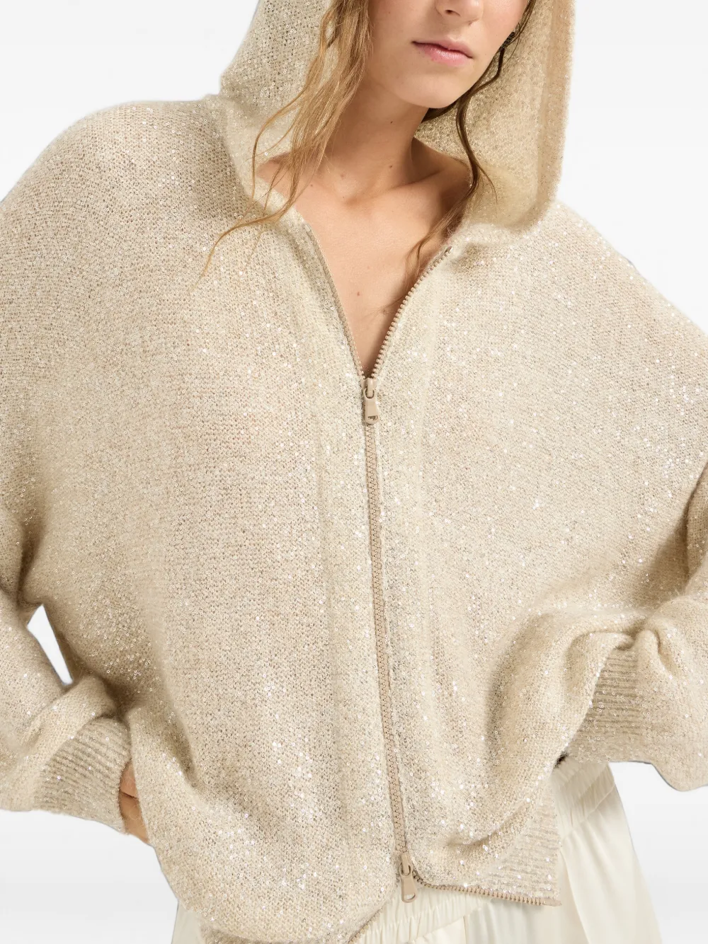 Brunello Cucinelli Vest van mohair en wol met fonkelende textuur capuchon en rits Beige