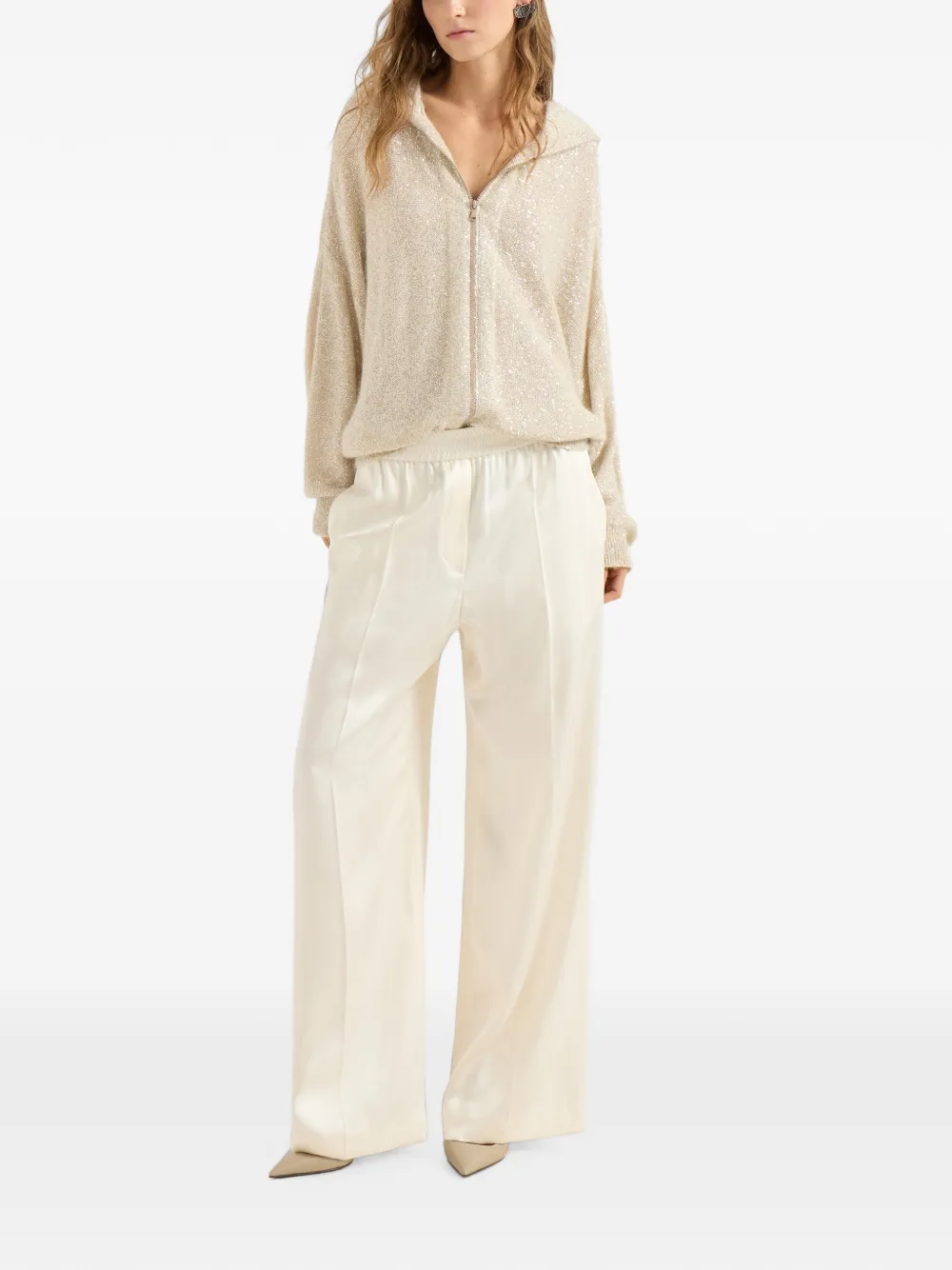 Brunello Cucinelli Vest van mohair en wol met fonkelende textuur capuchon en rits Beige