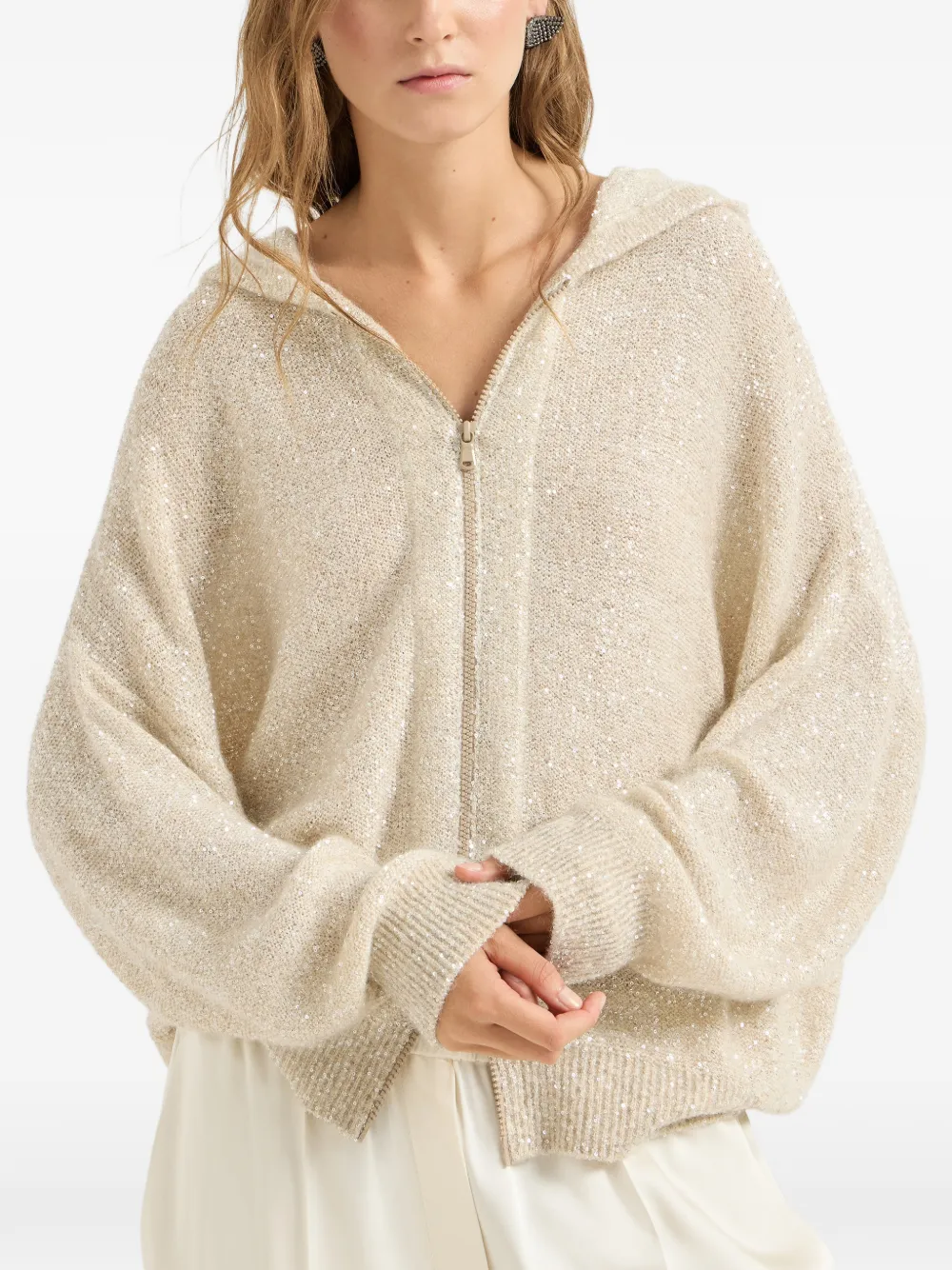 Brunello Cucinelli Vest van mohair en wol met fonkelende textuur capuchon en rits Beige