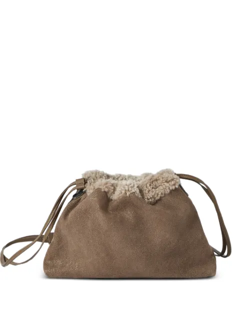 Brunello Cucinelli pouch bag in sparkling textured-leather with merino-shearling lining and Monili