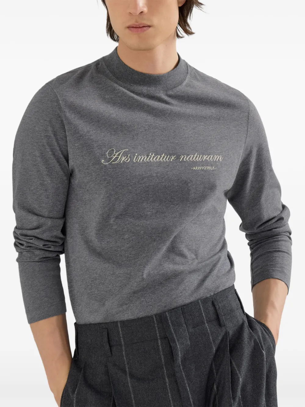 Brunello Cucinelli T-shirt met opstaande hals lange mouwen en borduurwerk Grijs