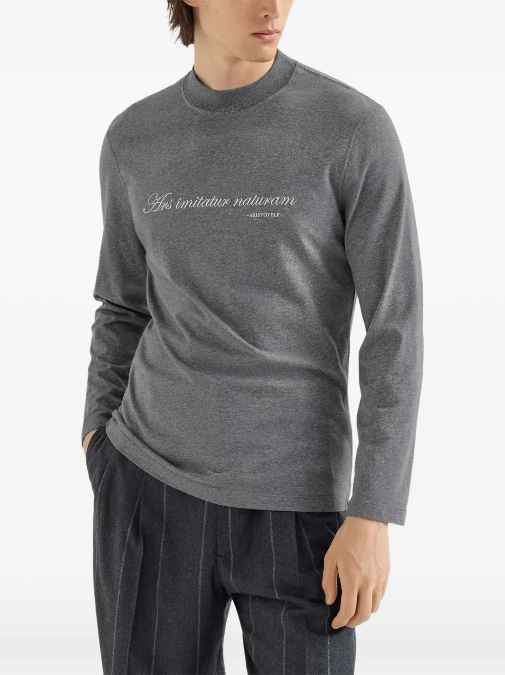 Brunello Cucinelli T-shirt met opstaande hals lange mouwen en borduurwerk Grijs