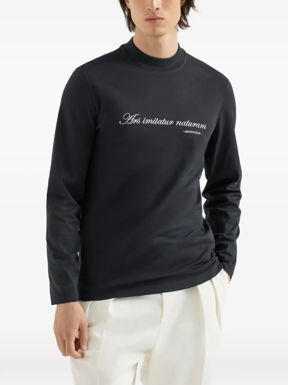 Brunello Cucinelli T-shirt met opstaande hals lange mouwen en borduurwerk Zwart