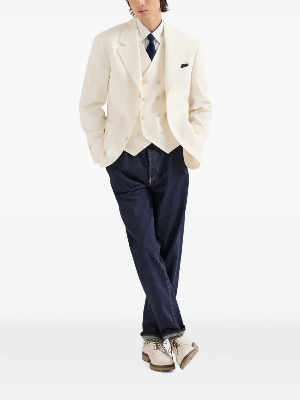 Brunello Cucinelli Blazer van scheerwol en katoen met chevron-streep Beige