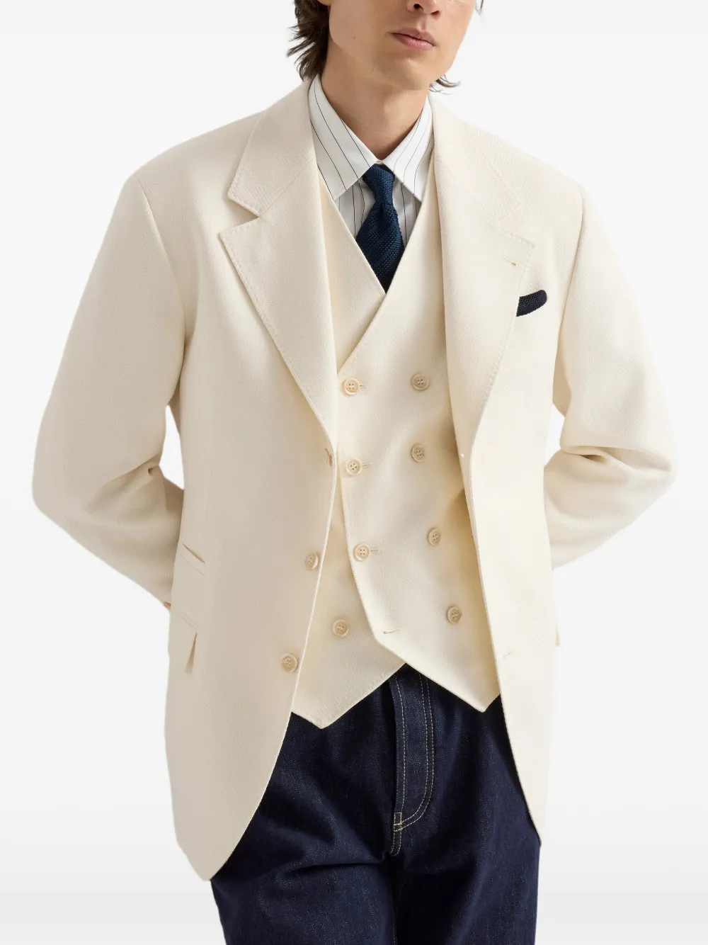 Brunello Cucinelli Blazer van scheerwol en katoen met chevron-streep Beige