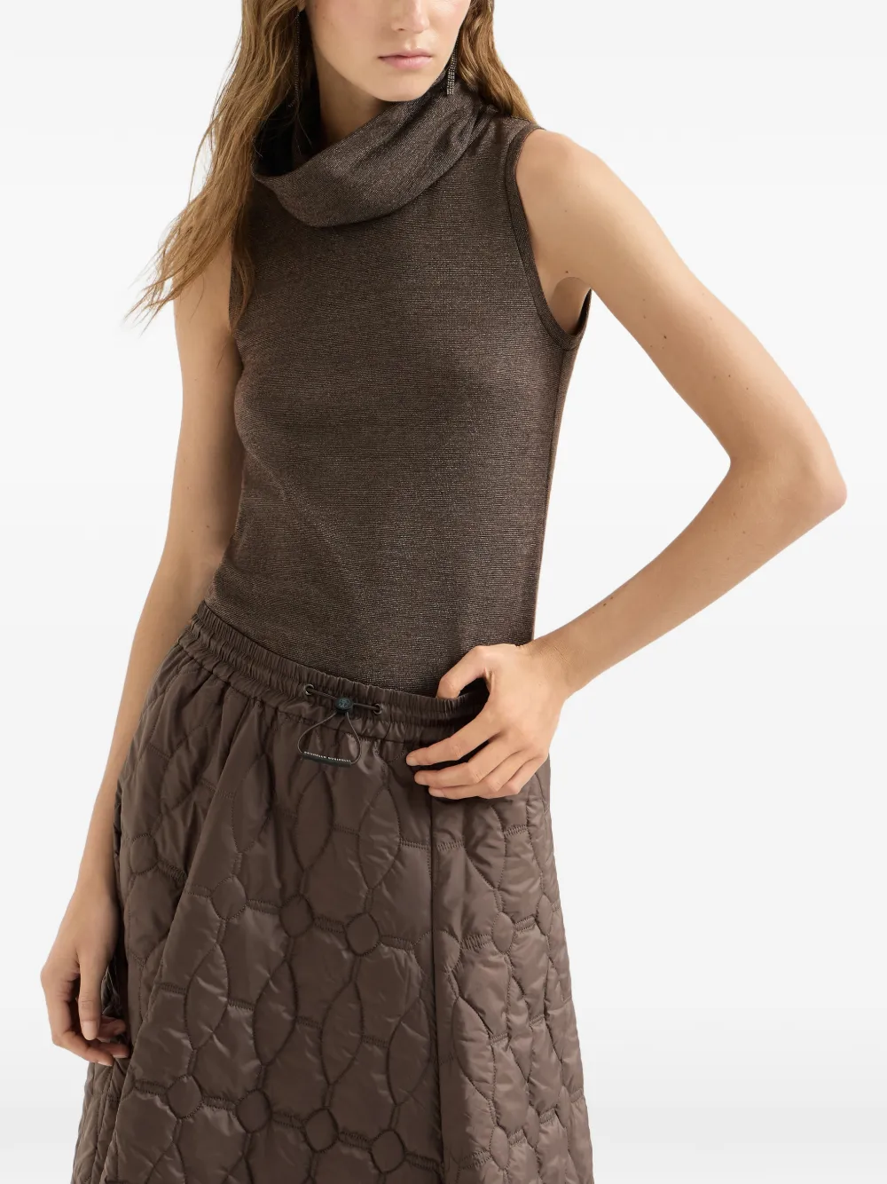 Brunello Cucinelli Glanzende jersey top van scheerwolblend met col Bruin