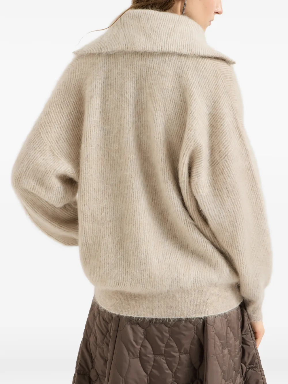 Brunello Cucinelli Trui van mohair en wol met vanisé Engelse rib hoge hals en halve rits Beige