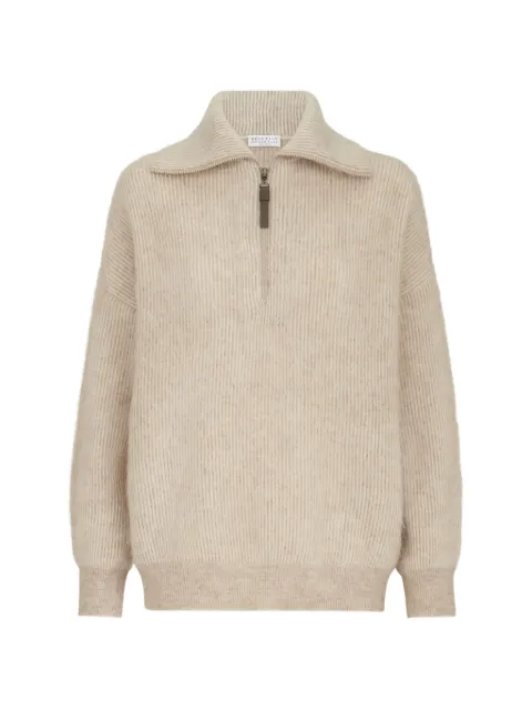 Brunello Cucinelli mohair and wool vanisé English rib high-neck sweater with half-zip