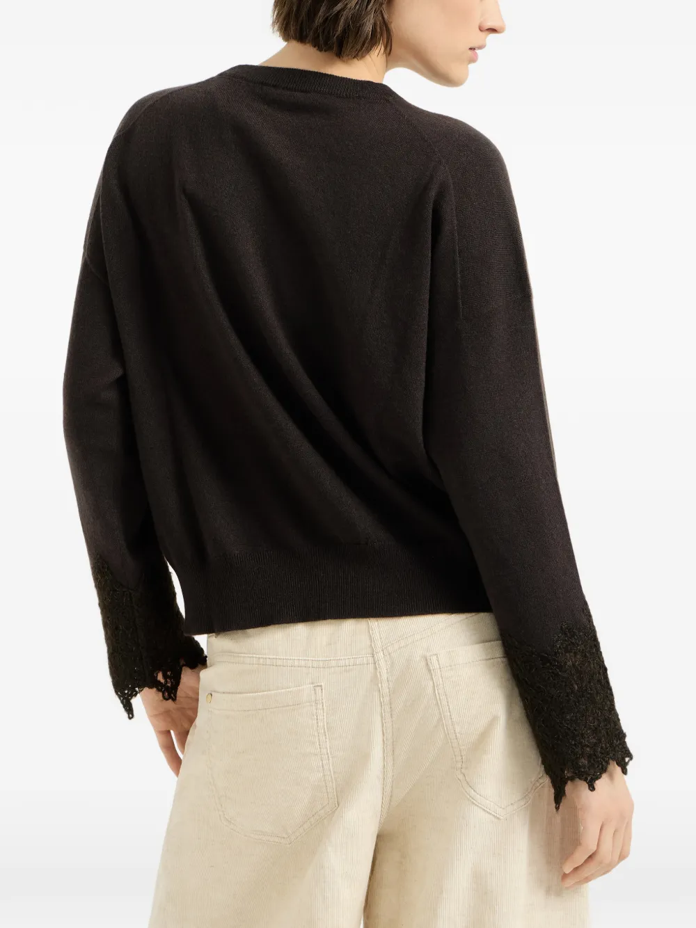 Brunello Cucinelli cashmere sweater with wispy lace cuffs Bruin
