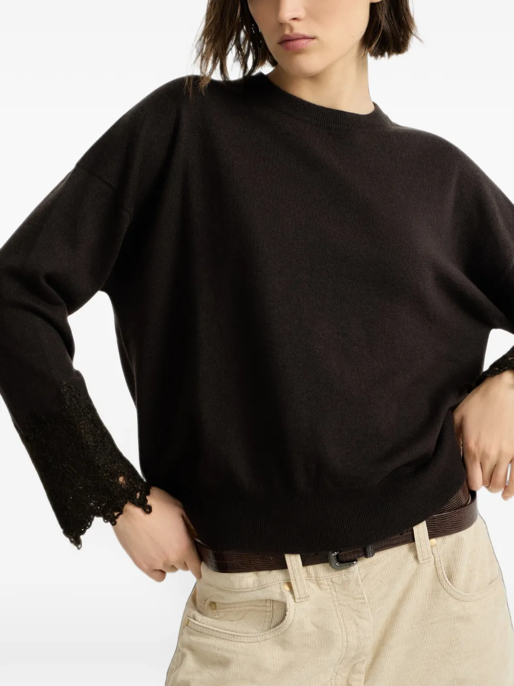 Brunello Cucinelli cashmere sweater with wispy lace cuffs Bruin