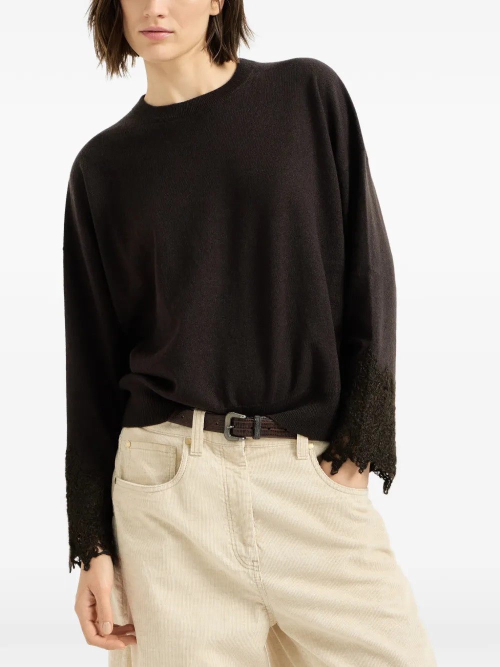 Brunello Cucinelli cashmere sweater with wispy lace cuffs Bruin