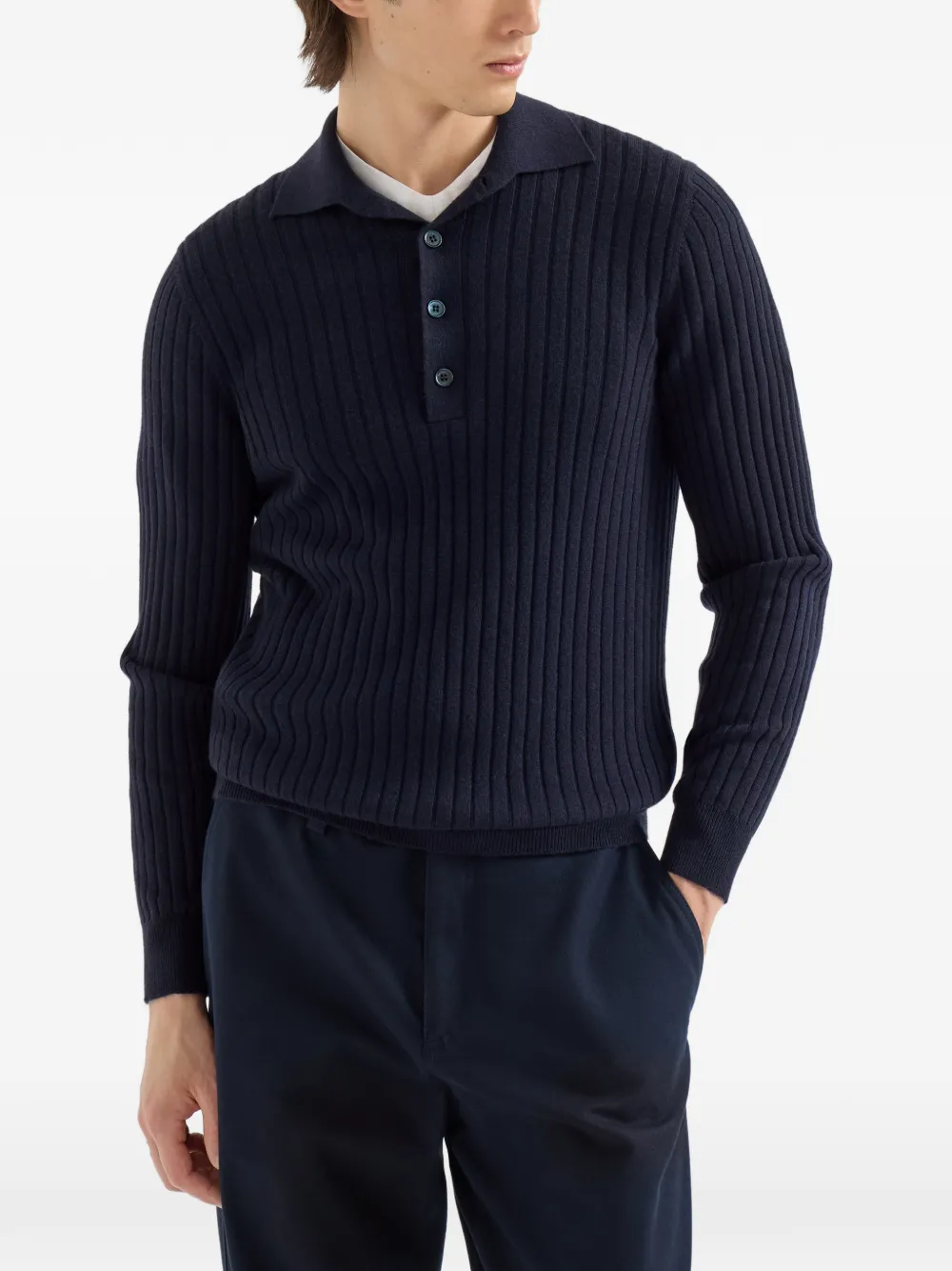 Brunello Cucinelli Kasjmier ribgebreid poloshirt Blauw