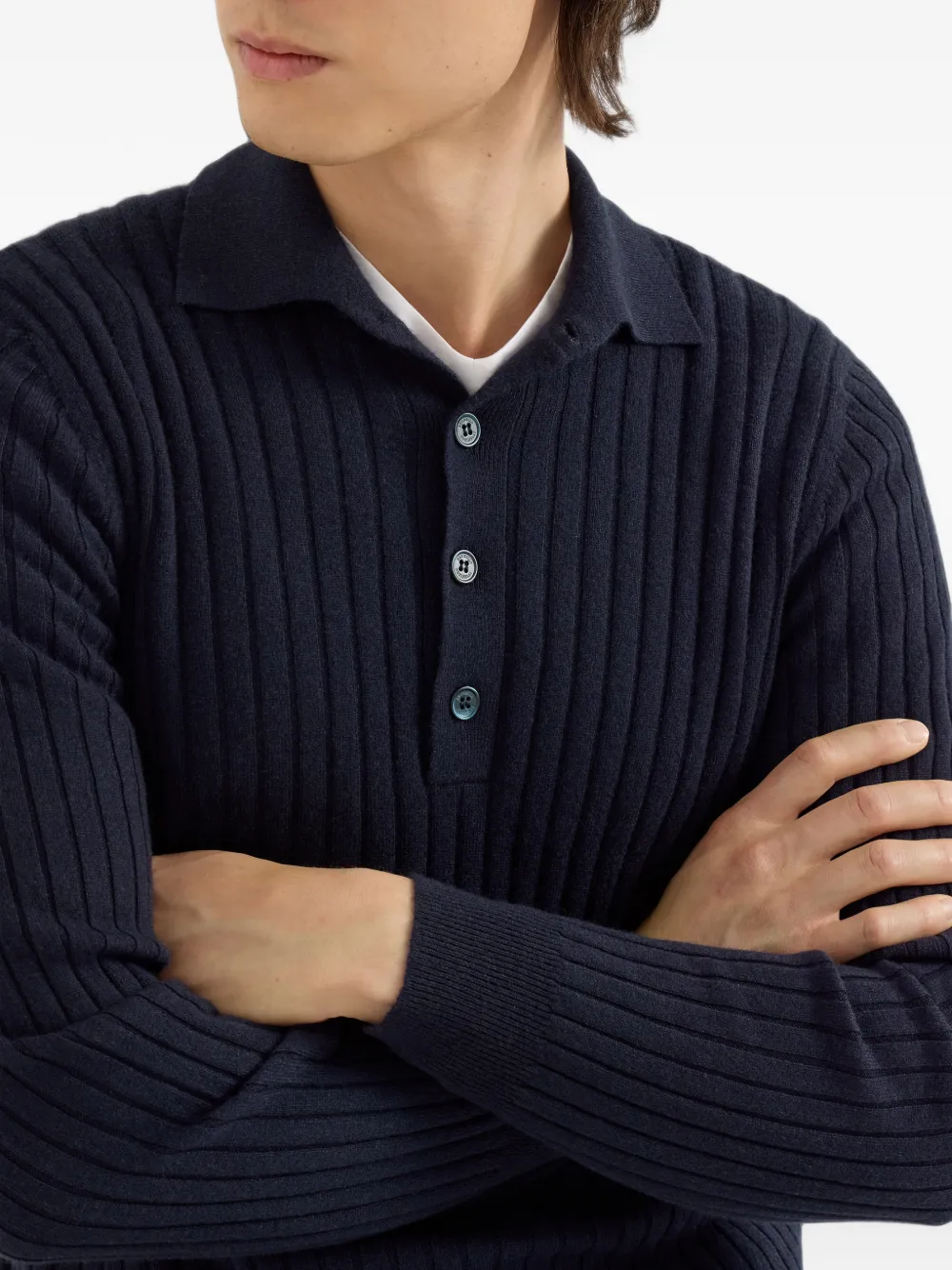 Brunello Cucinelli Kasjmier ribgebreid poloshirt Blauw
