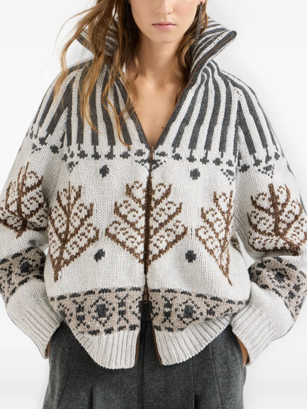 Brunello Cucinelli Kasjmier en mohair Nordic Heritage vest met hoge hals en rits Beige
