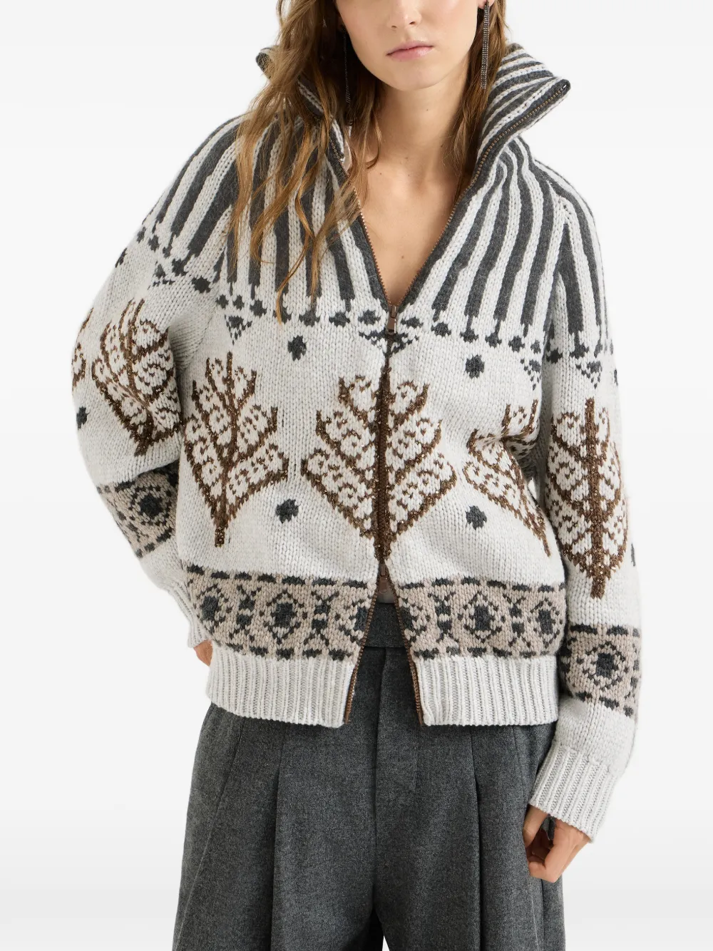 Brunello Cucinelli Kasjmier en mohair Nordic Heritage vest met hoge hals en rits Beige