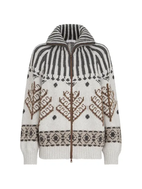 Brunello Cucinelli cashmere and mohair nordic heritage high-neck cardigan with zipper